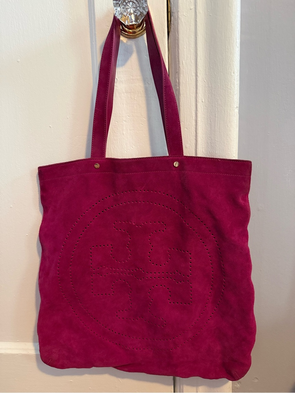 Tory Burch Suede Perforated Logo Tote - Berry